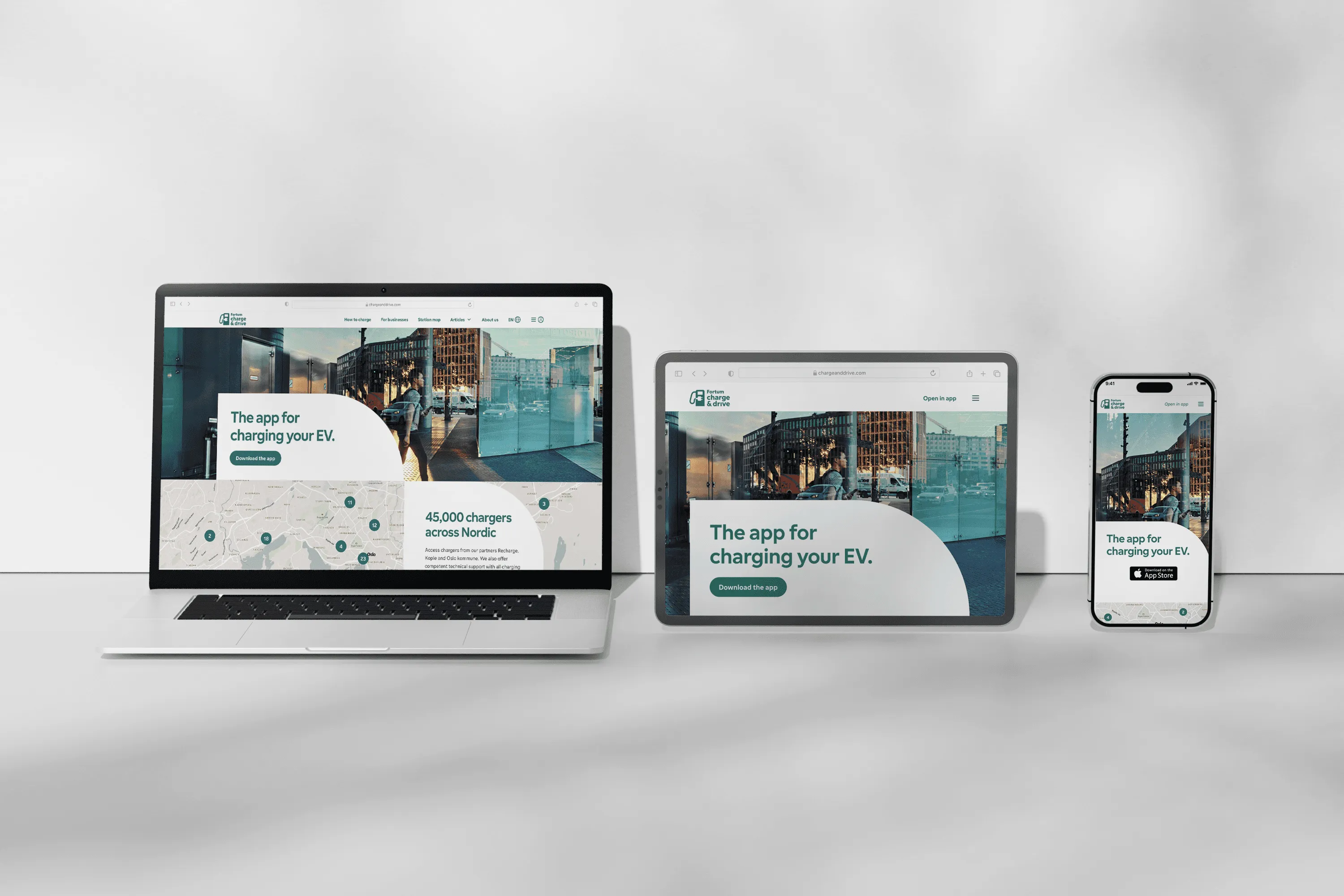 The Charge & Drive marketing website on laptop, tablet and phone