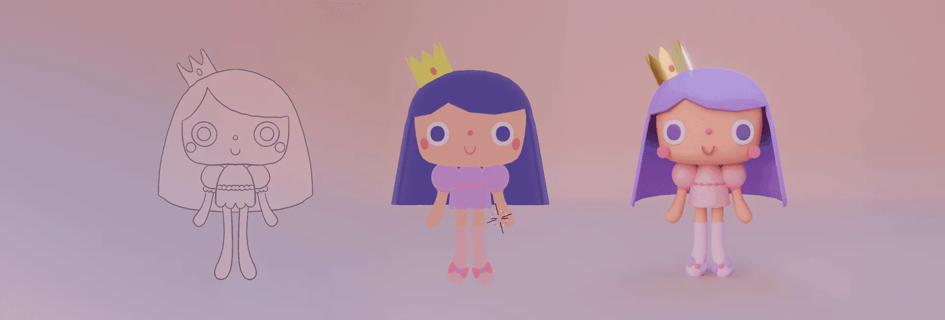 The character in three stages: line sketch, untextured model and final render