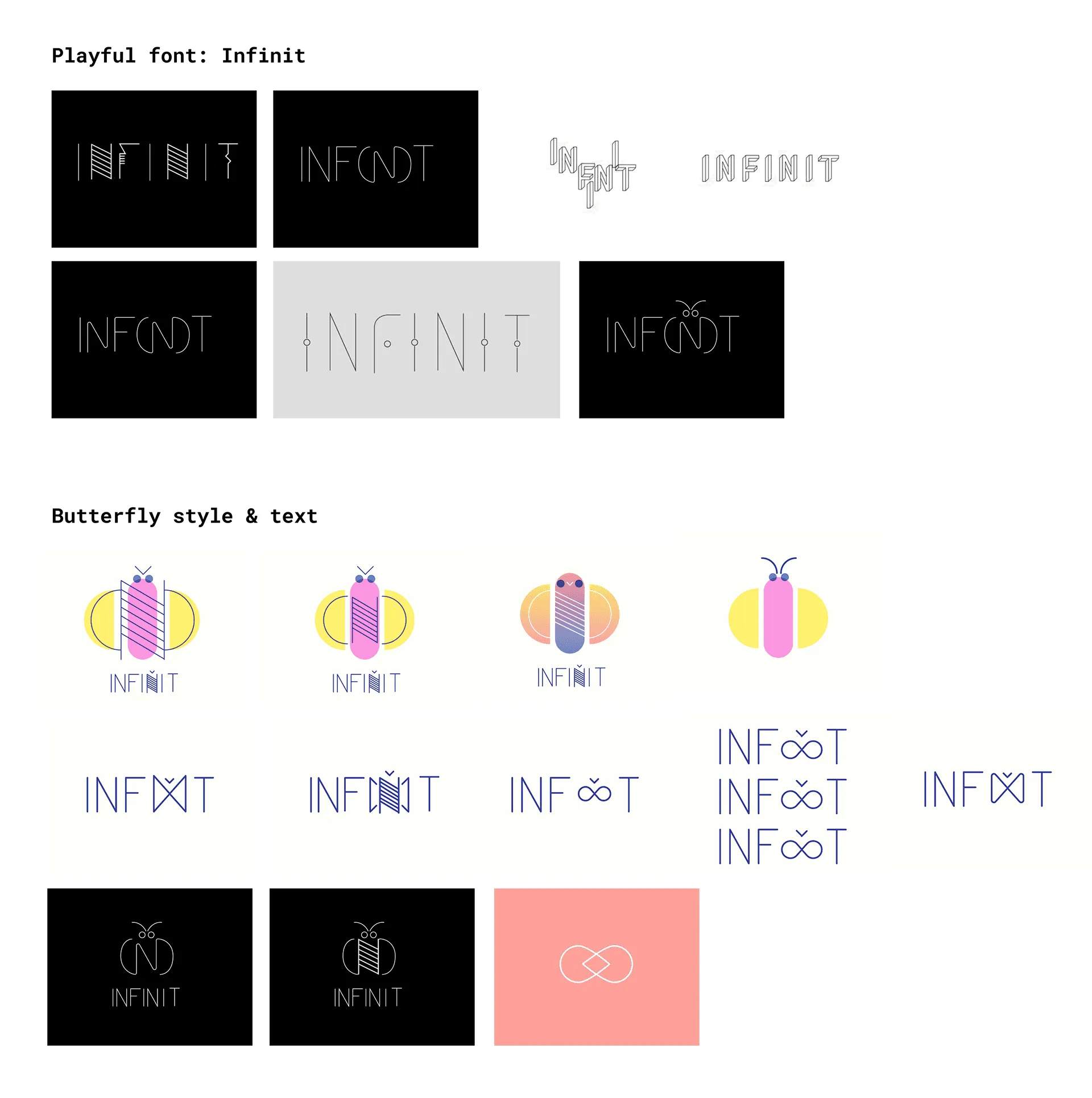 Logo explorations with a playful Infinit wordmark and butterfly graphics