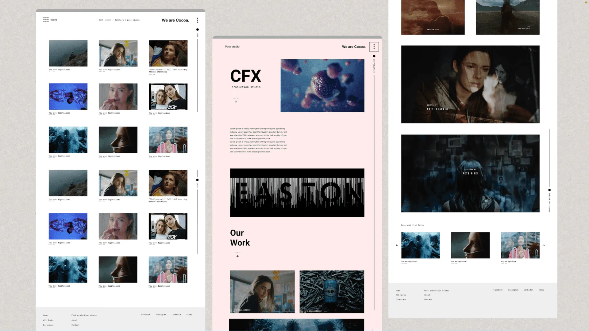 Three desktop pages: a work grid, a studio page and a director page