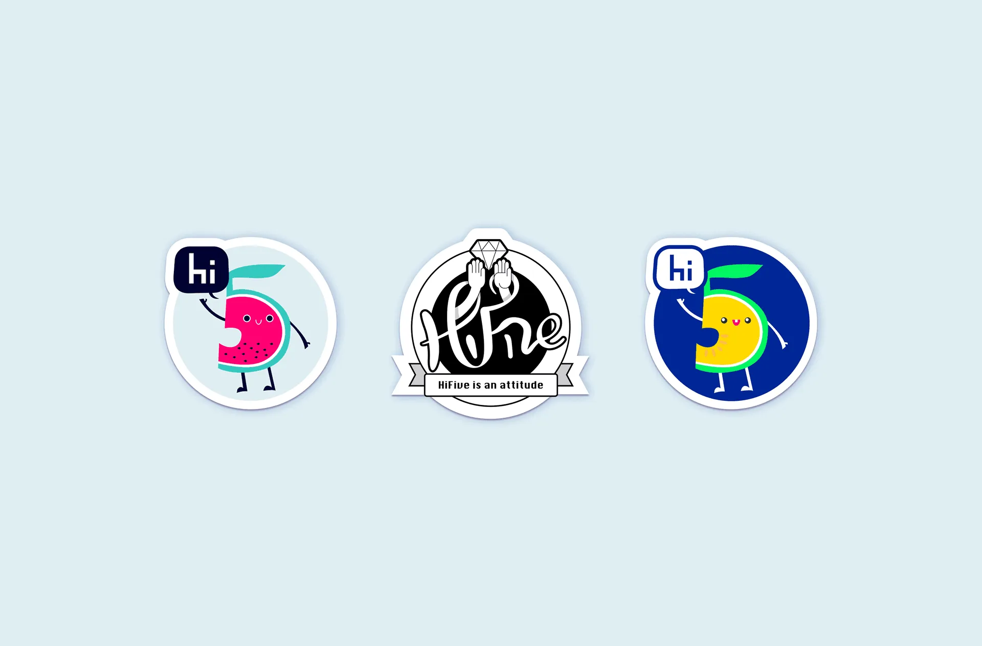 Three round stickers with the HiFive mascot