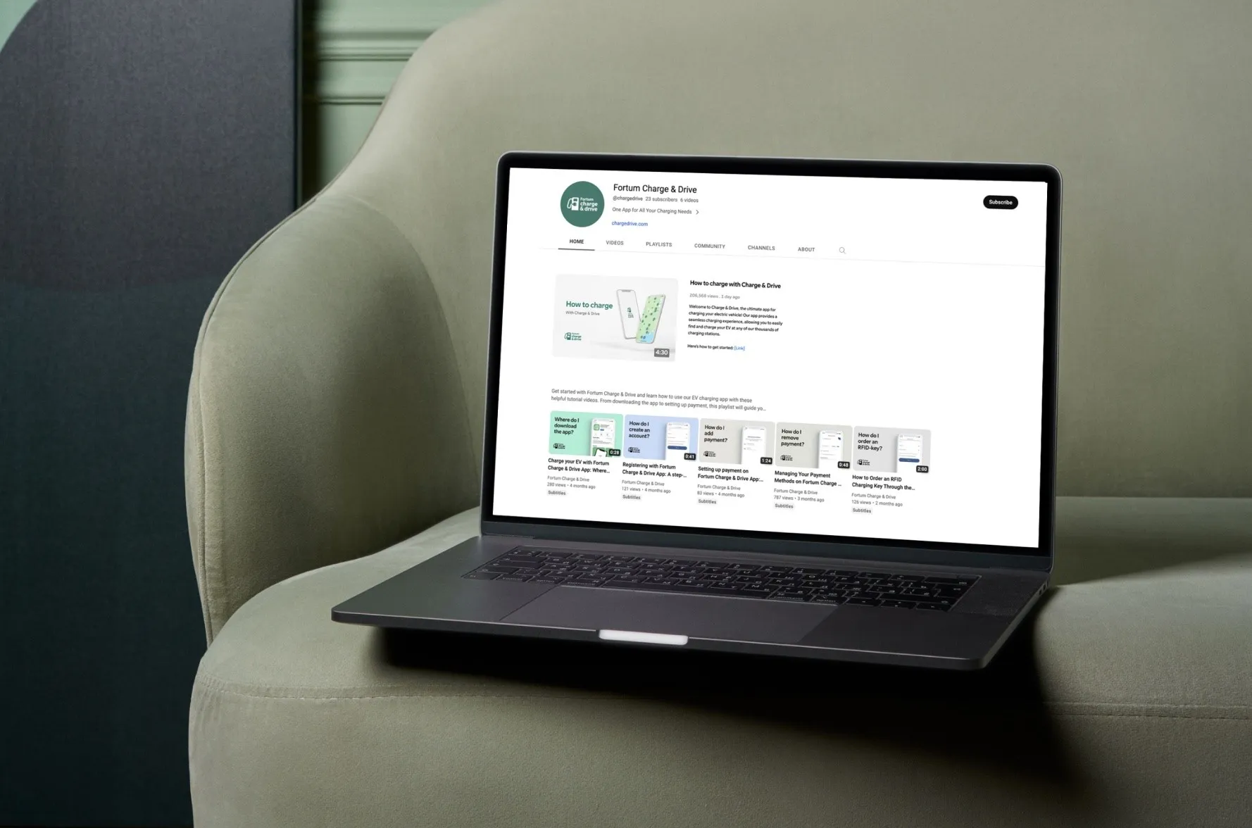The Charge & Drive YouTube channel open on a laptop