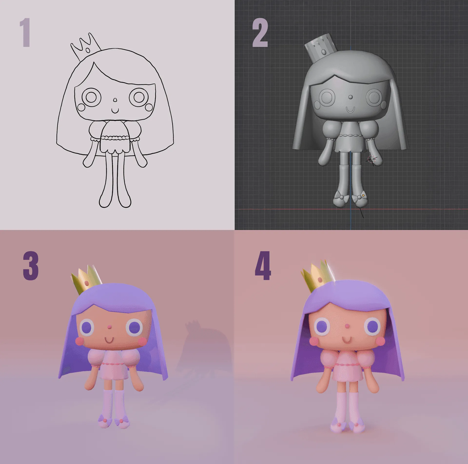 Four steps of the workflow: line drawing, modelling, colouring and lighting