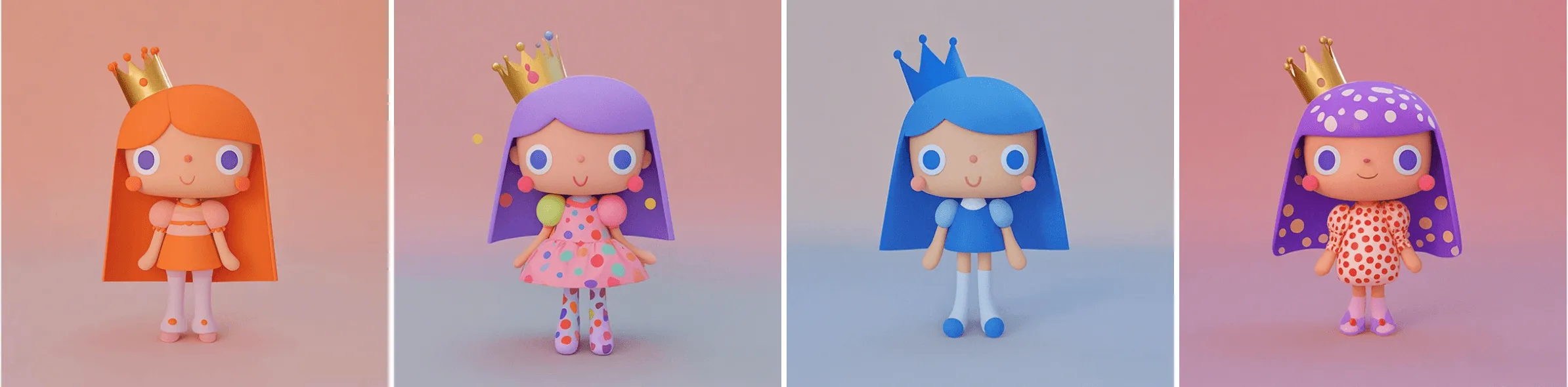 Four colour variations of the character re-coloured with AI