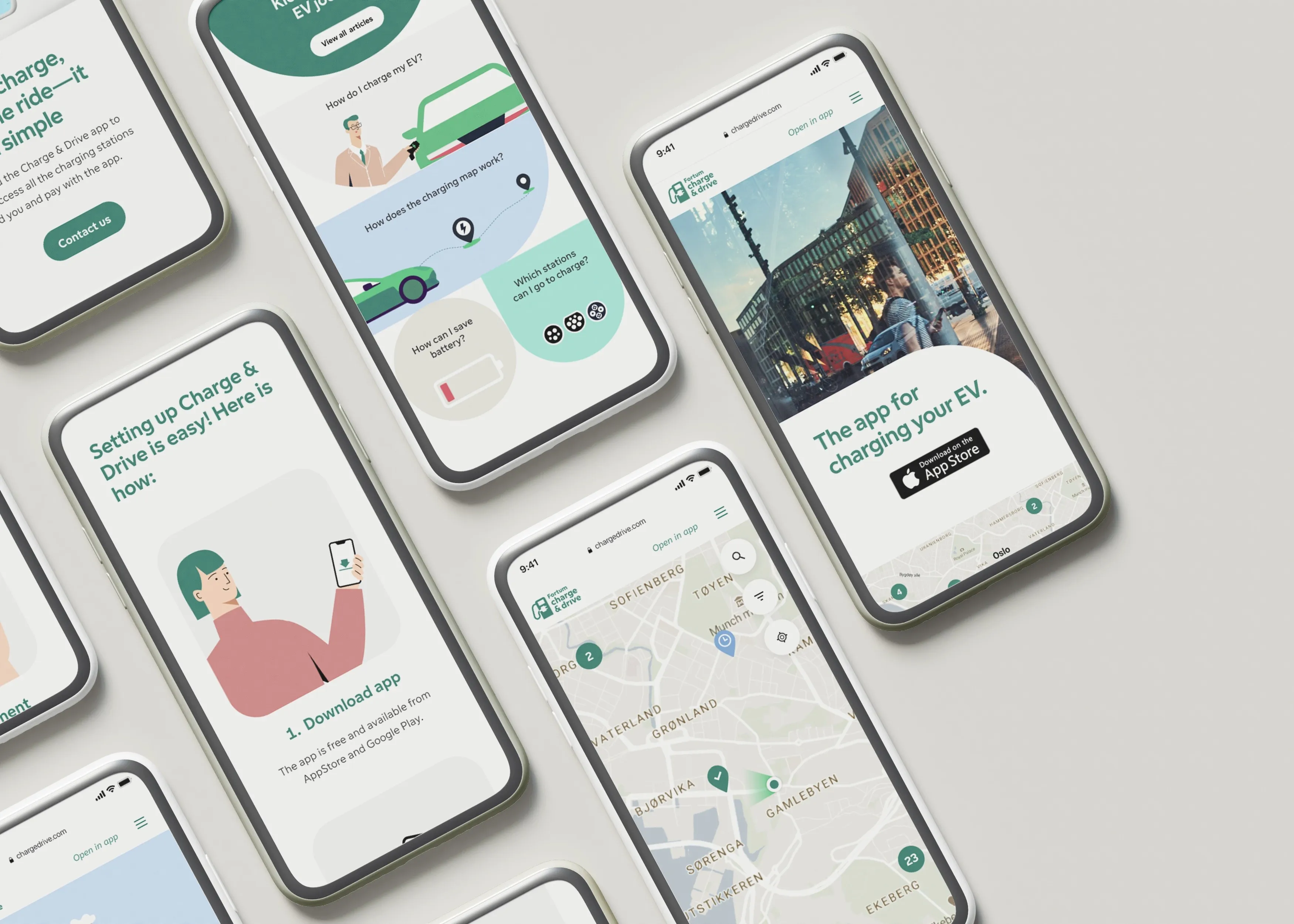 Several Charge & Drive app screens, including onboarding steps and a charger map
