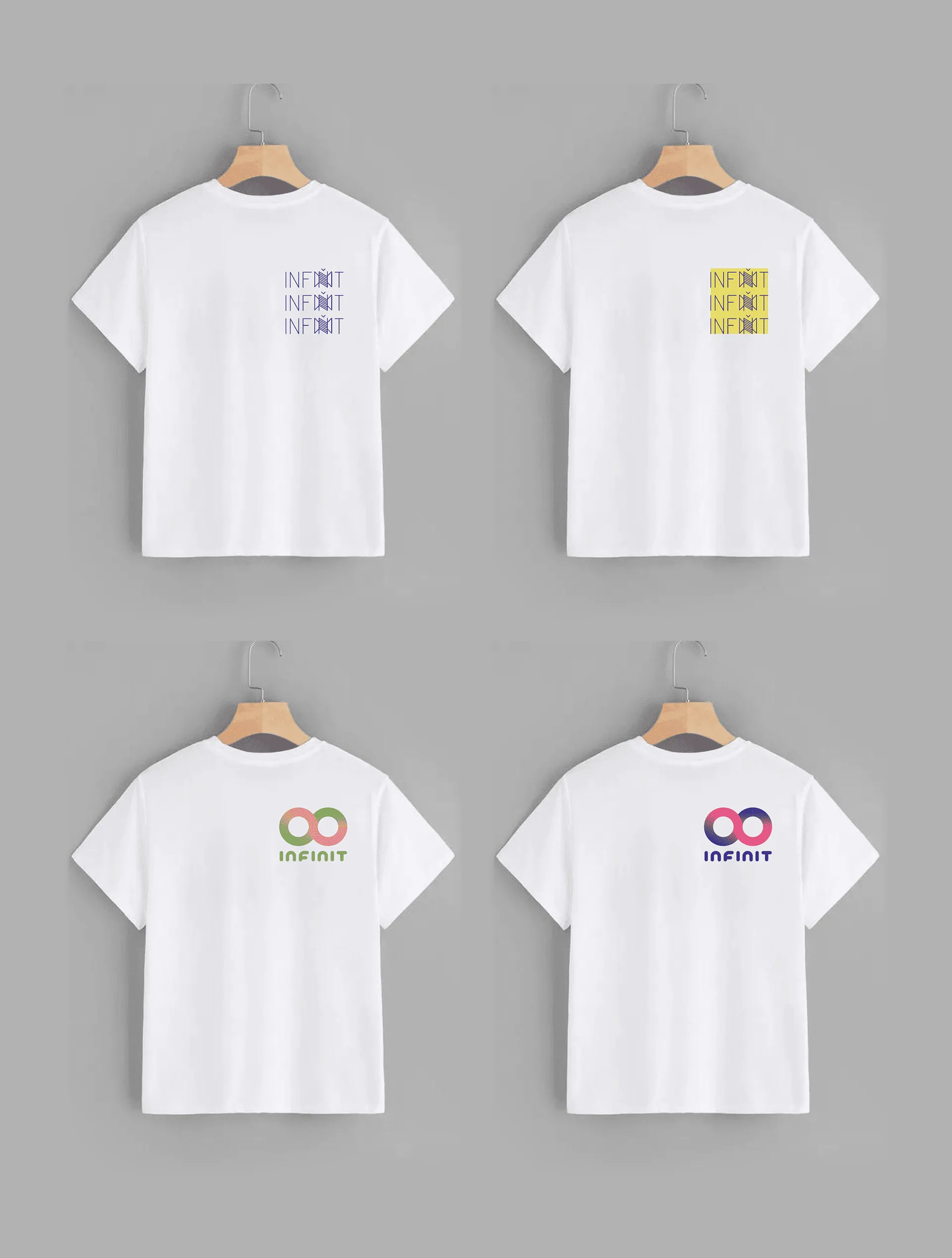 Four T-shirt mock-ups with different logo explorations