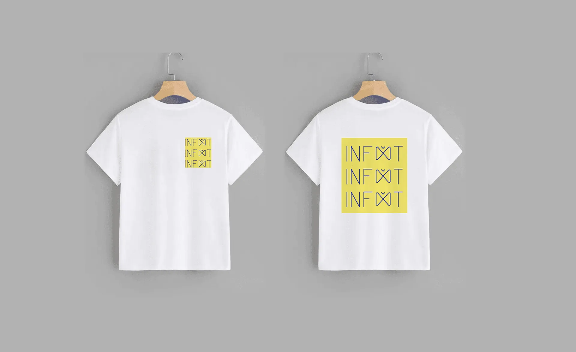 Final T-shirts with a repeated Infinit pattern on yellow