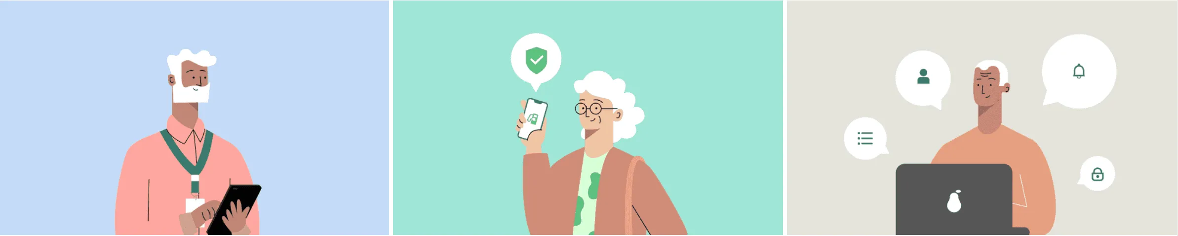 Three brand illustrations of people using their phones and laptops, in green and pastel tones
