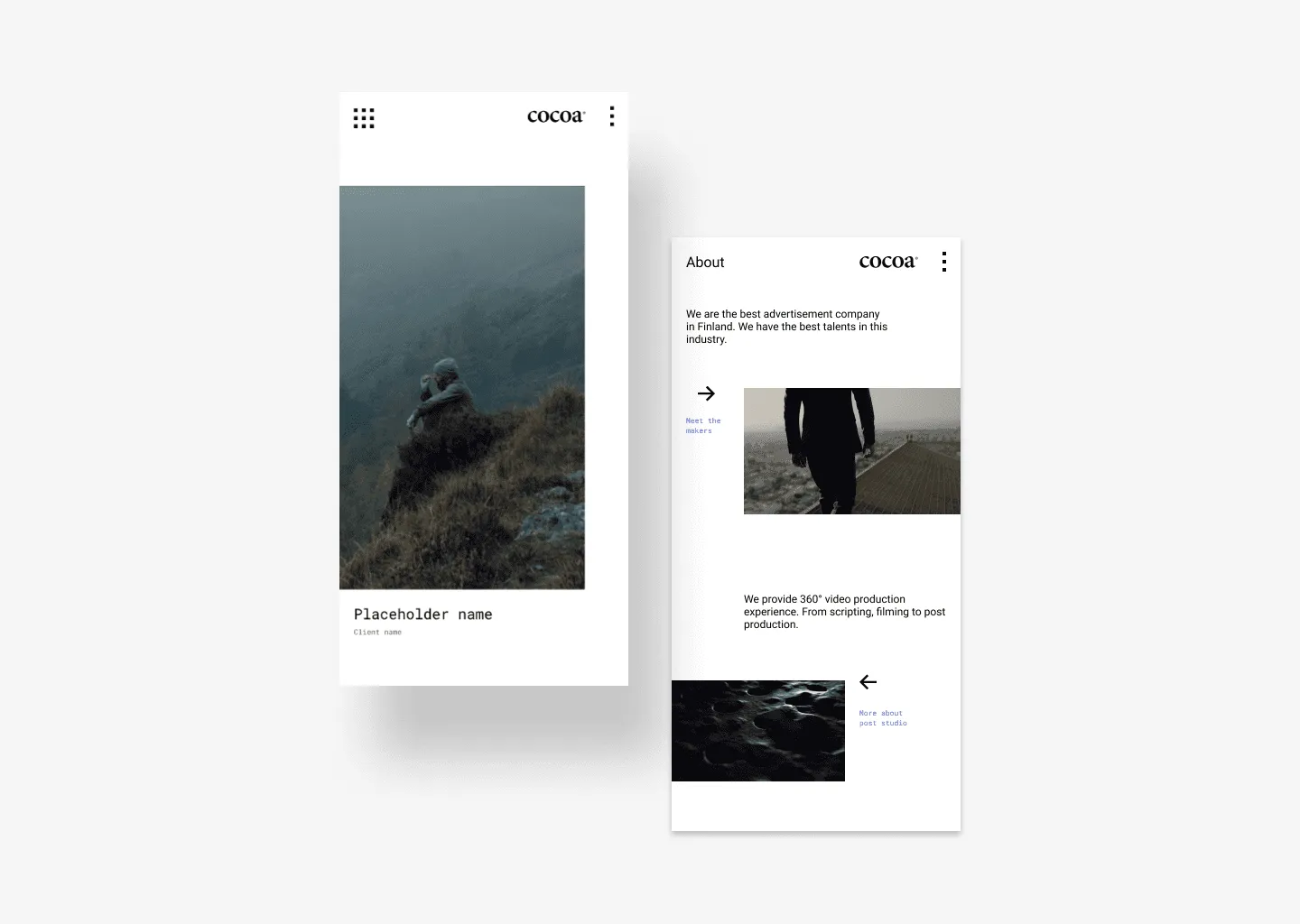 Mobile pages: a work detail and the About page