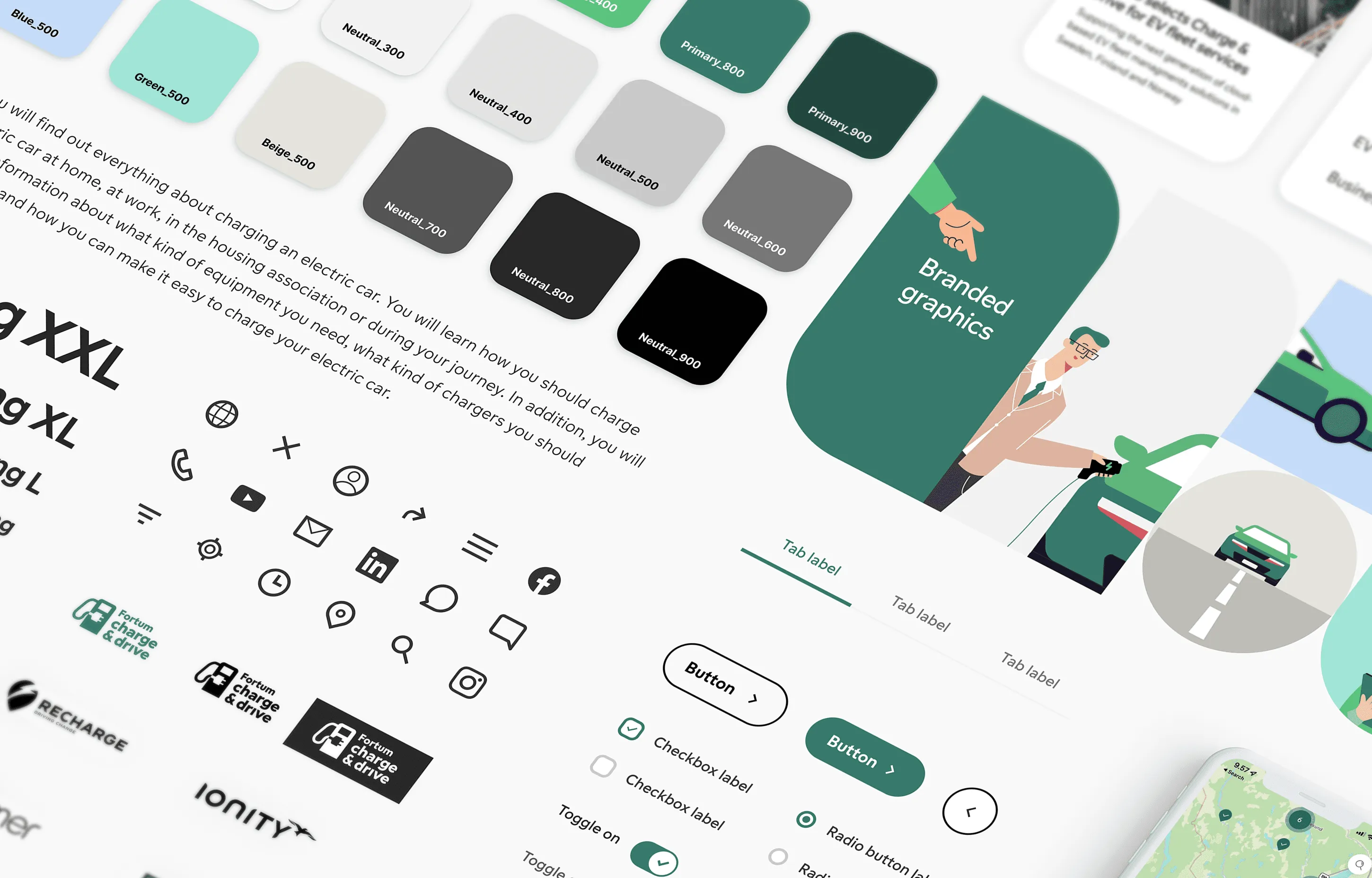 The UI kit: colour palette, icons, buttons, tabs and form controls