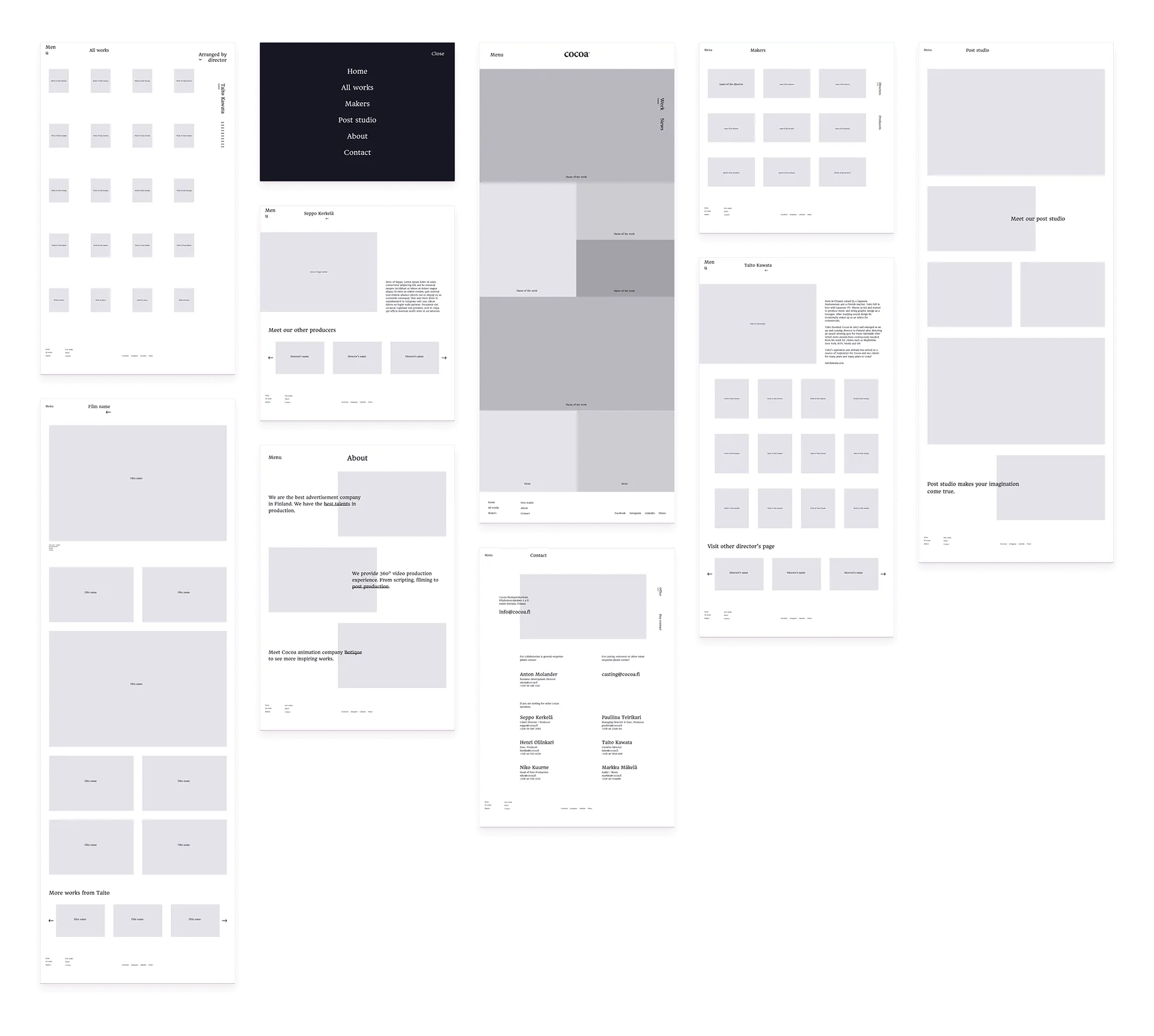 Low-fidelity wireframes of the website pages