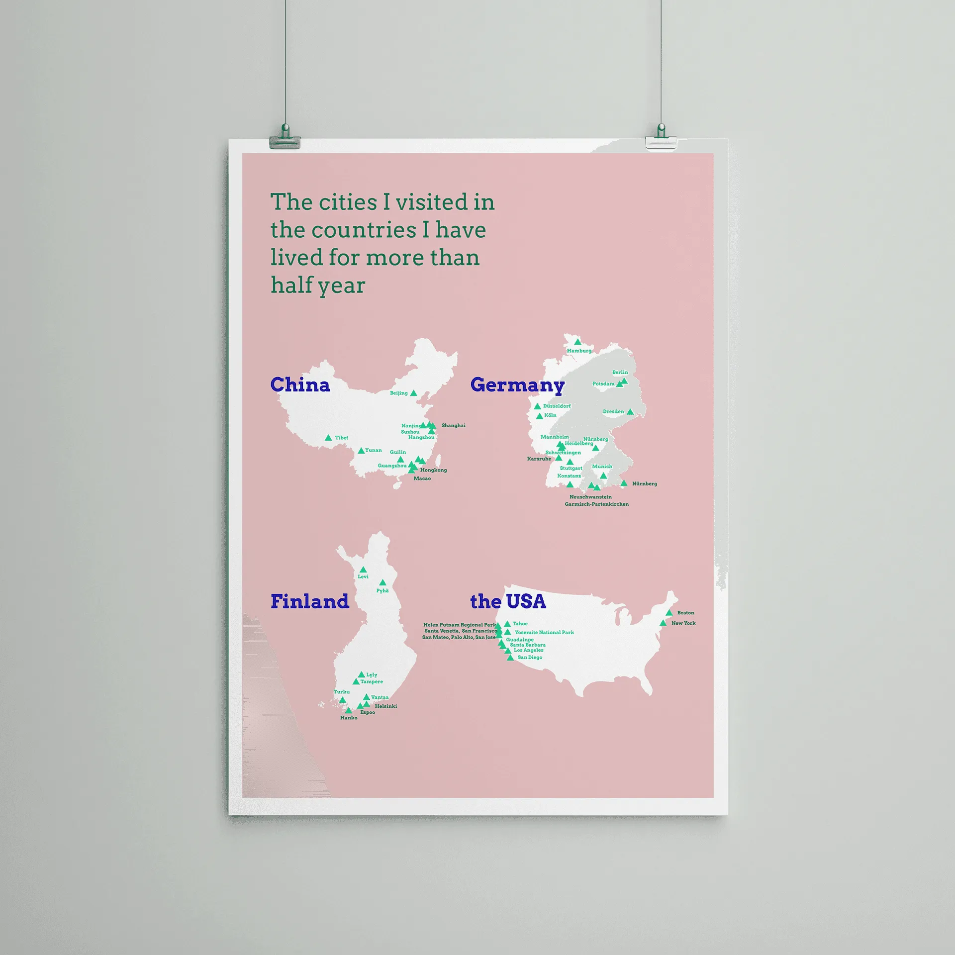Maps of the cities I visited in China, Germany, Finland and the USA