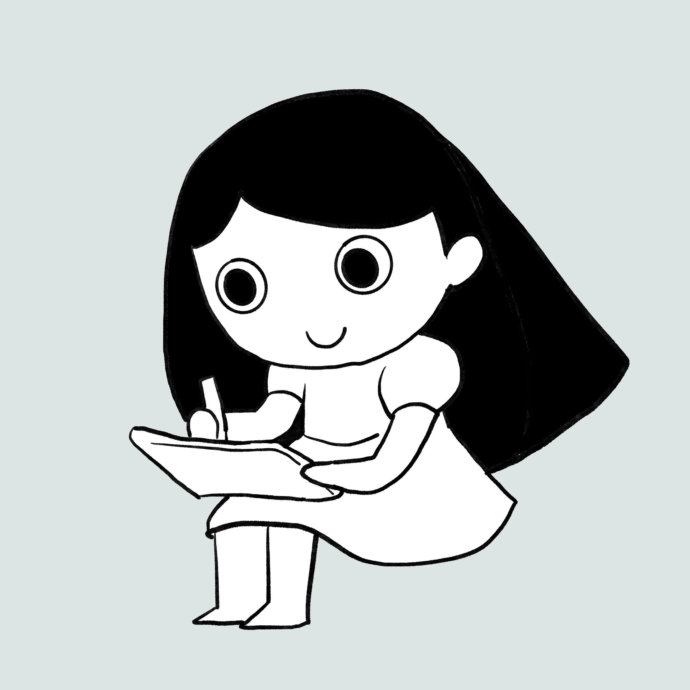 Line drawing of Lisha sitting and sketching on a tablet