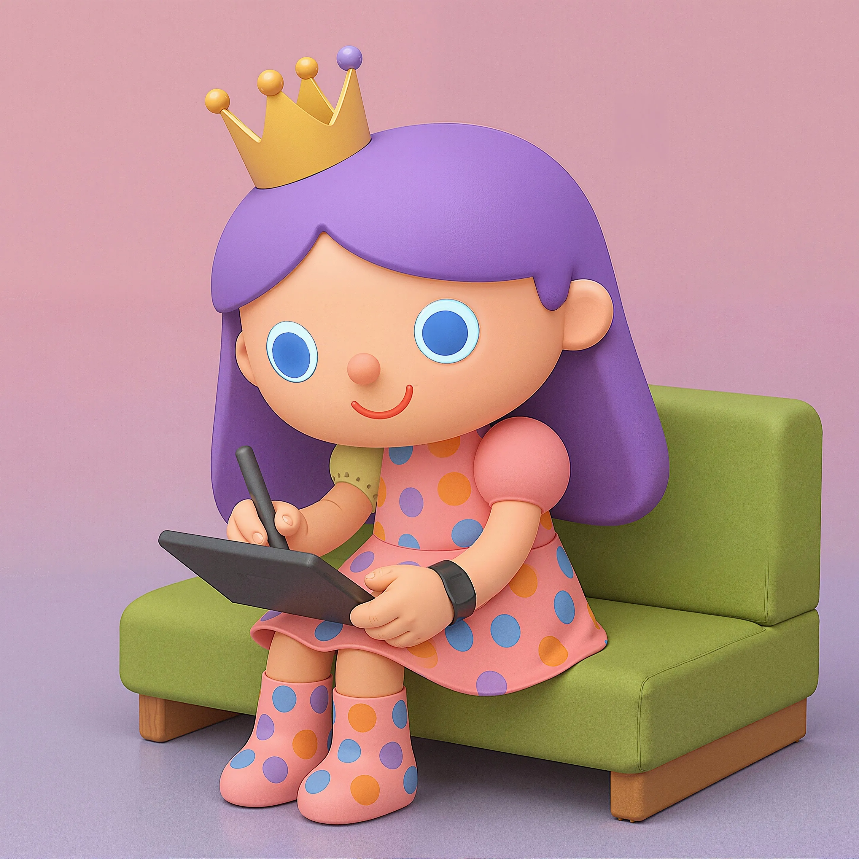 3D character of Lisha wearing a crown, drawing on a tablet on a green sofa